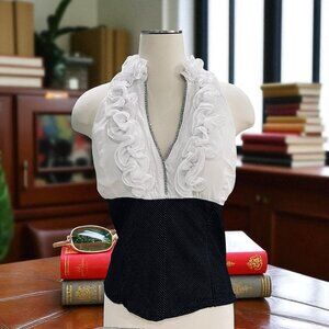 Body Central Halter Corset Top Ruffle Rhinestone Trim Y2K Pinstripe Sexy Blouse